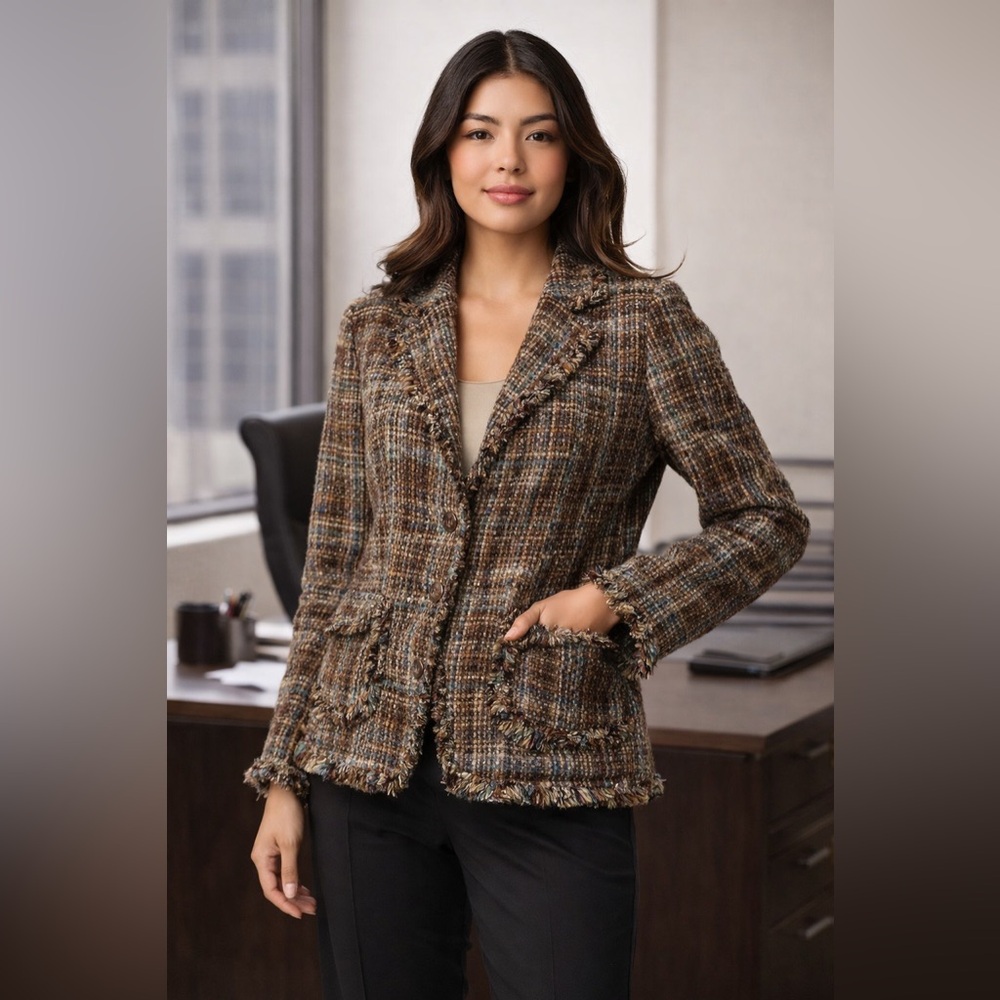 Vintage Carlucci Tweed Blazer Brown Blue Plaid Fringe Trim Women’s Size 14